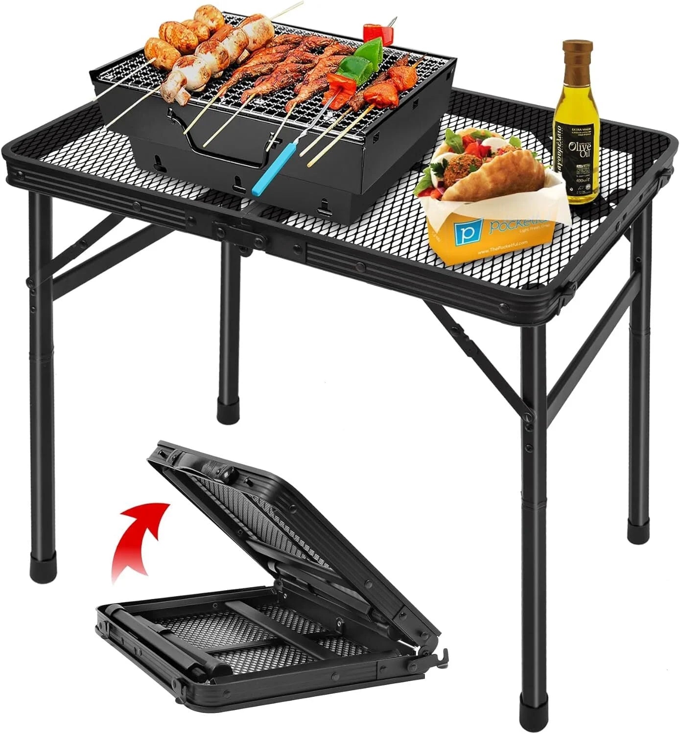 Lightweight Portable Folding Grill Table with Mesh Surface in Black
