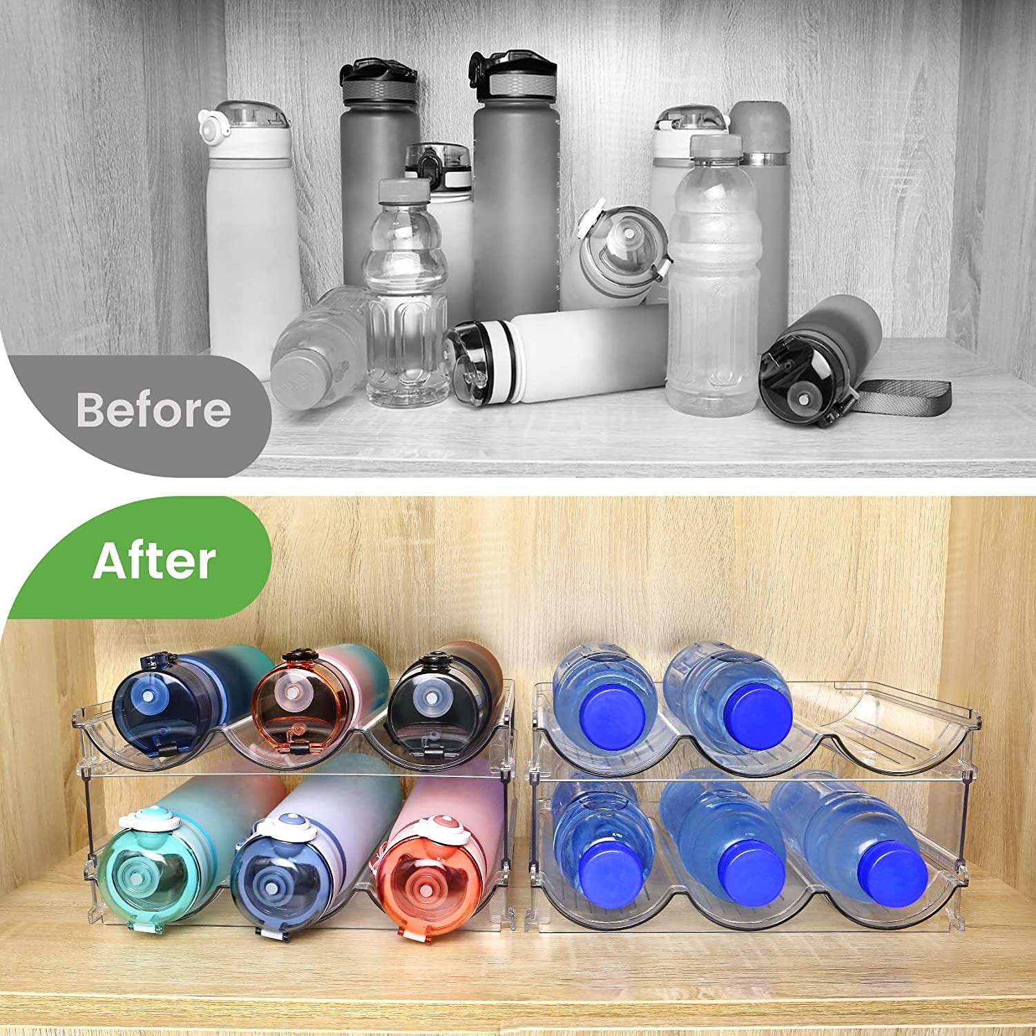 Water Bottle Storage Organizer Set - 2-Pack Stackable Rack for Cabinet Use