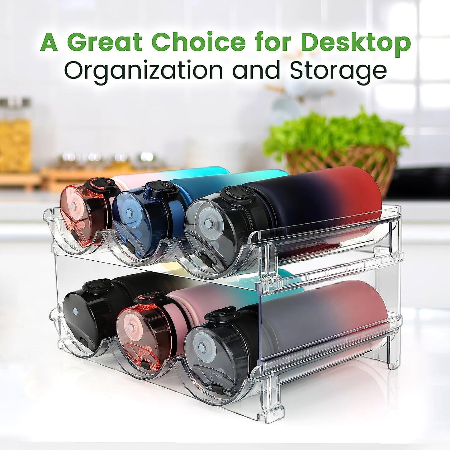 Water Bottle Storage Organizer Set - 2-Pack Stackable Rack for Cabinet Use