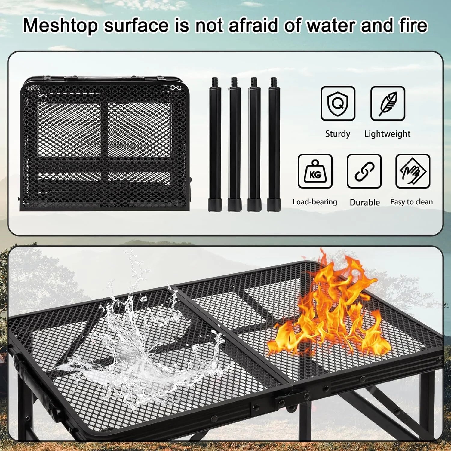 Lightweight Portable Folding Grill Table with Mesh Surface in Black