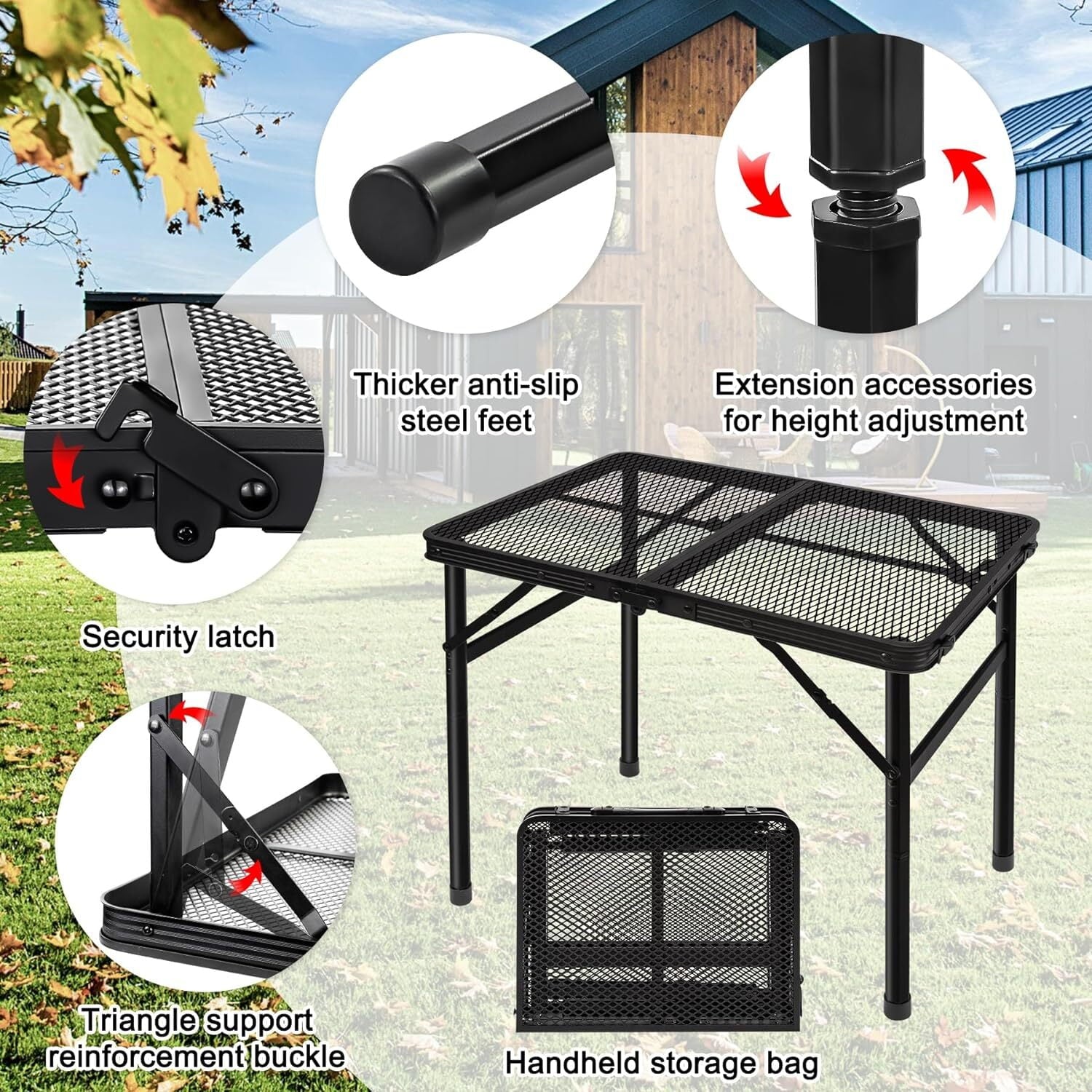 Lightweight Portable Folding Grill Table with Mesh Surface in Black
