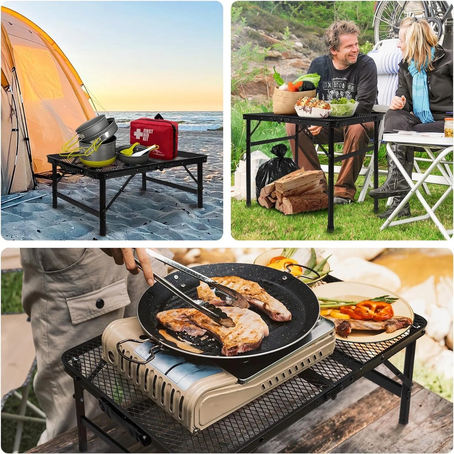 Lightweight Portable Folding Grill Table with Mesh Surface in Black